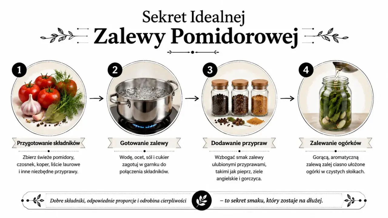 Krok po kroku: przygotowanie pomidorów, gotowanie zalewy, dodawanie przypraw i zalewanie ogórków w zalewie pomidorowej.