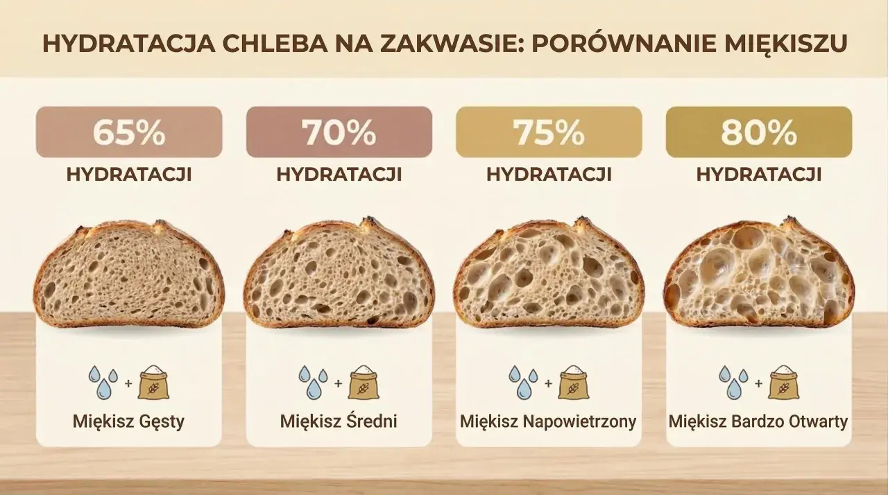 Porównanie miękiszu chleba na zakwasie przy różnej hydratacji: od gęstego do bardzo otwartego.