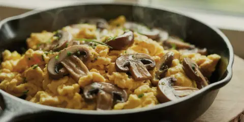 Puszysta jajecznica z pieczarkami, posypana szczypiorkiem, paruje w żeliwnej patelni. Idealne śniadanie.