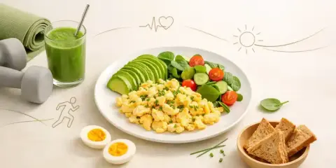 Zdrowe śniadanie z jajek, awokado, warzywami i zielonym smoothie. Idealne dla aktywnych!