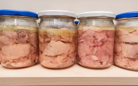 Kilka słoików z domowym mięsem w galarecie, gotowym do spożycia.