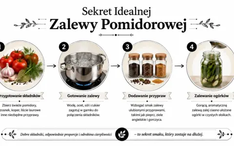 Krok po kroku: przygotowanie pomidorów, gotowanie zalewy, dodawanie przypraw i zalewanie ogórków w zalewie pomidorowej.