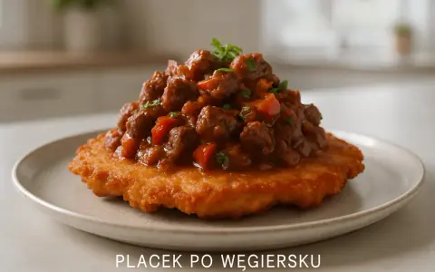 Gęsty gulasz z kawałkami mięsa i papryki, podany na chrupiącym placku po węgiersku.