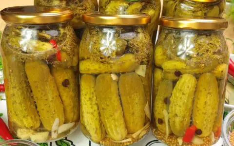 Słoiki z ogórkami kiszonymi, idealne na przepis na ogórki w occie. Widać przyprawy, czosnek i chili.