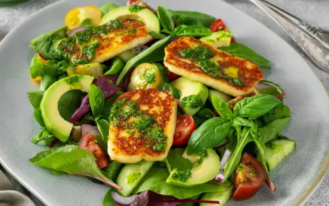 Pyszna sałatka z halloumi, awokado, pomidorkami i ogórkiem, polana zielonym sosem.