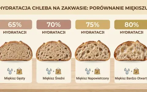 Porównanie miękiszu chleba na zakwasie przy różnej hydratacji: od gęstego do bardzo otwartego.