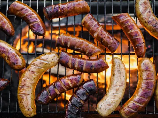 A variety of kiełbasa z grilla piecze się na ruszcie nad płomieniami.