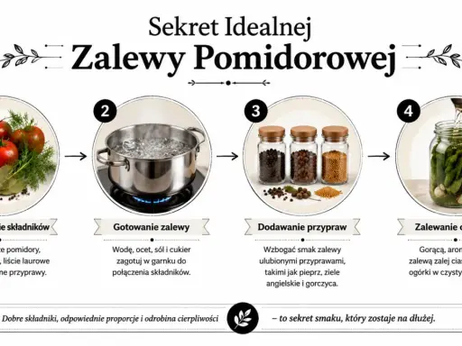 Krok po kroku: przygotowanie pomidorów, gotowanie zalewy, dodawanie przypraw i zalewanie ogórków w zalewie pomidorowej.