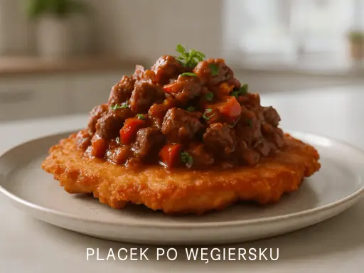 Gęsty gulasz z kawałkami mięsa i papryki, podany na chrupiącym placku po węgiersku.