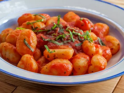 Pyszne gnocchi w sosie pomidorowym, posypane świeżą bazylią, podane w talerzu z niebieskim rantem.