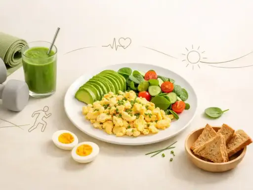 Zdrowe śniadanie z jajek, awokado, warzywami i zielonym smoothie. Idealne dla aktywnych!