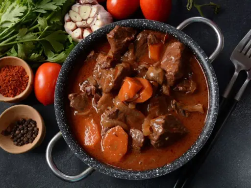 Gęsty, aromatyczny gulasz z sarny w sosie z warzywami. Obok naczynia miseczki z przyprawami i świeże pomidory.