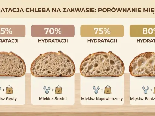 Porównanie miękiszu chleba na zakwasie przy różnej hydratacji: od gęstego do bardzo otwartego.