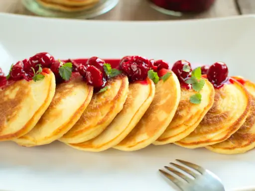 Puszyste pancakes na maślance, polane wiśniowym sosem i ozdobione listkami mięty. Idealne na słodkie śniadanie.