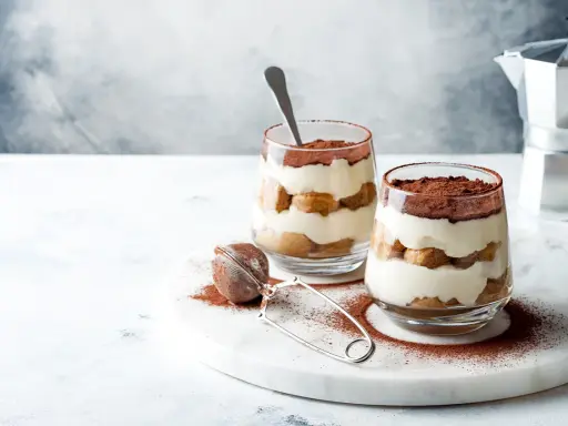 Dwa pucharki z kremowym tiramisu bez jajek, przełożonym biszkoptami i posypanym kakao. Obok sitko do kakao i kawiarka.
