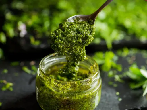 Łyżka z gęstym, zielonym pesto z pietruszki zanurza się w słoiku. W tle widać świeże zioła.