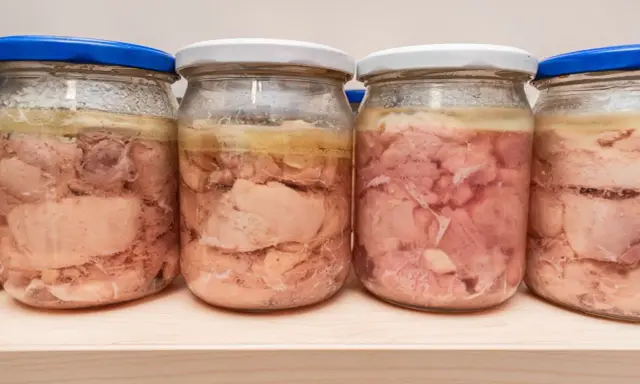 Kilka słoików z domowym mięsem w galarecie, gotowym do spożycia.
