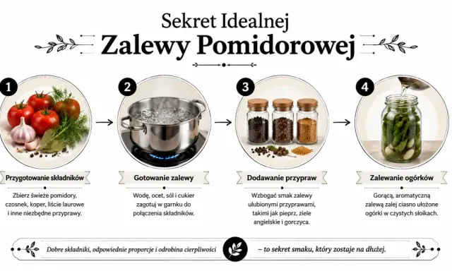 Krok po kroku: przygotowanie pomidorów, gotowanie zalewy, dodawanie przypraw i zalewanie ogórków w zalewie pomidorowej.