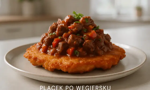 Gęsty gulasz z kawałkami mięsa i papryki, podany na chrupiącym placku po węgiersku.