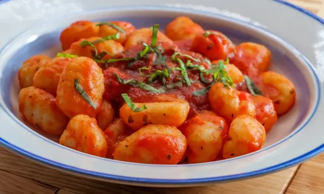 Pyszne gnocchi w sosie pomidorowym, posypane świeżą bazylią, podane w talerzu z niebieskim rantem.