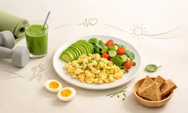 Zdrowe śniadanie z jajek, awokado, warzywami i zielonym smoothie. Idealne dla aktywnych!
