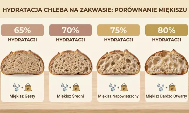 Porównanie miękiszu chleba na zakwasie przy różnej hydratacji: od gęstego do bardzo otwartego.