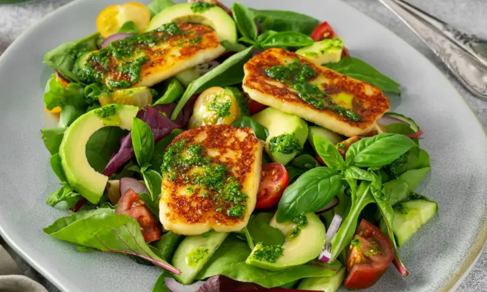 Pyszna sałatka z halloumi, awokado, pomidorkami i ogórkiem, polana zielonym sosem.