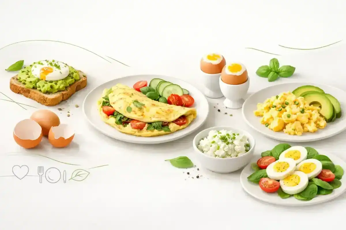 Pyszne śniadanie: jajka na twardo, omlet, jajecznica, twarożek i tosty z awokado.