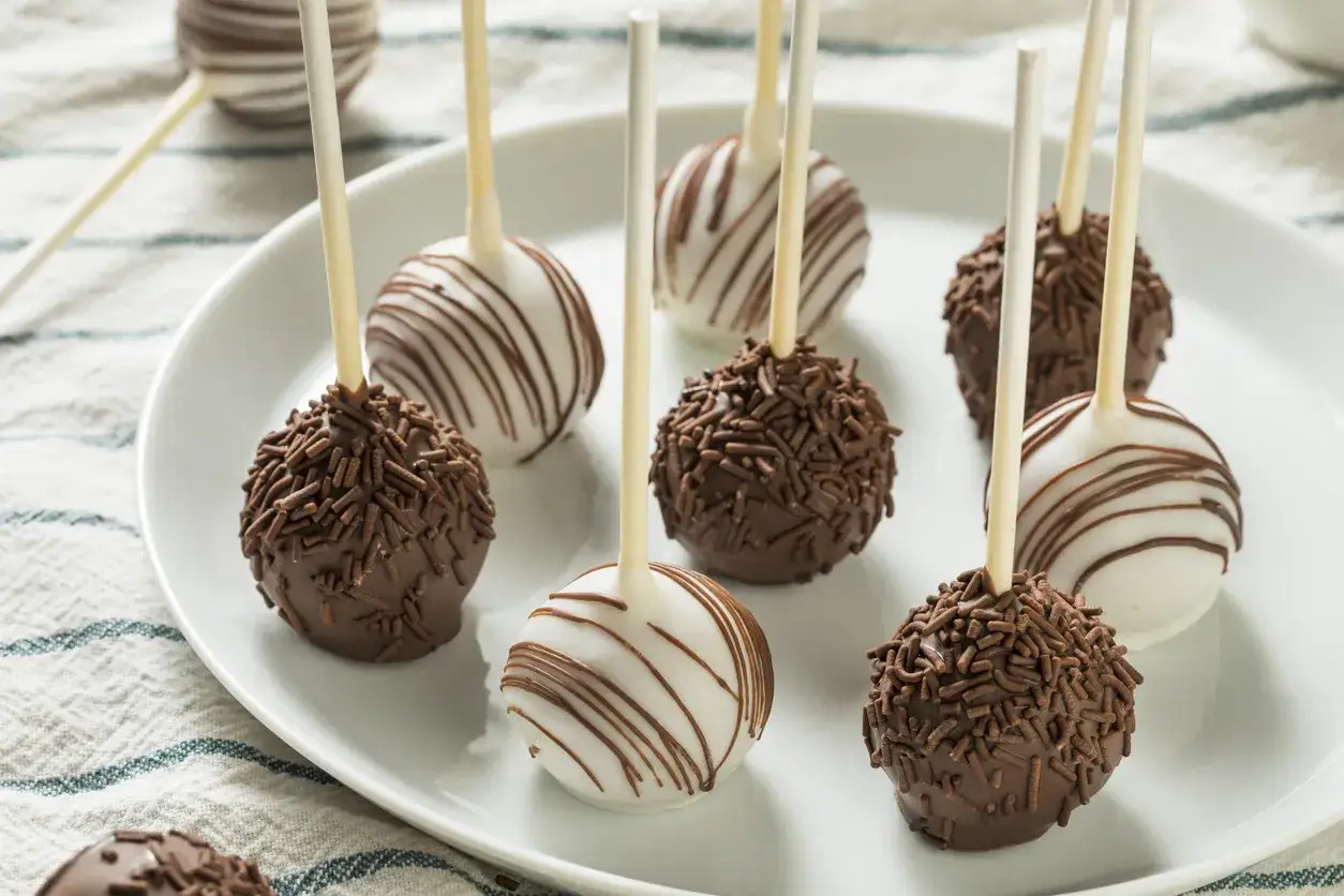 Pyszne cake pops na patyczkach, polane czekoladą i posypane kolorową posypką. Idealne na przyjęcie, jako słodka przekąska.