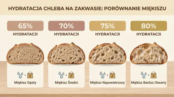 Porównanie miękiszu chleba na zakwasie przy różnej hydratacji: od gęstego do bardzo otwartego.